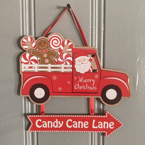 NWT Wooden Glitter Merry Christmas Santa Truck Candy Cane Lane➡️ Decoration Sign - Picture 6 of 12